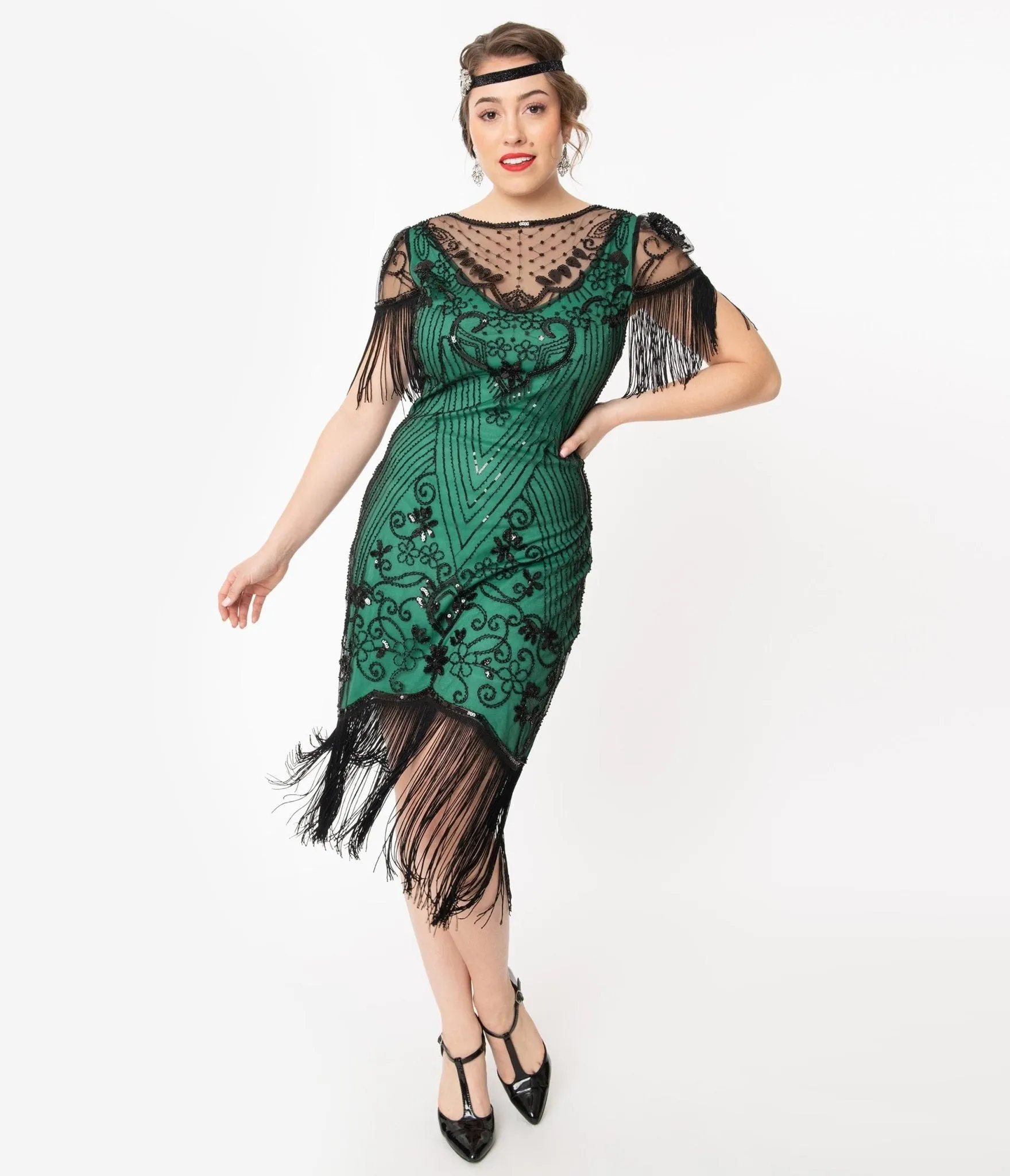 Unique Vintage 1920s Green & Black Beaded Nadine Flapper Dress sold by Unique Vintage
