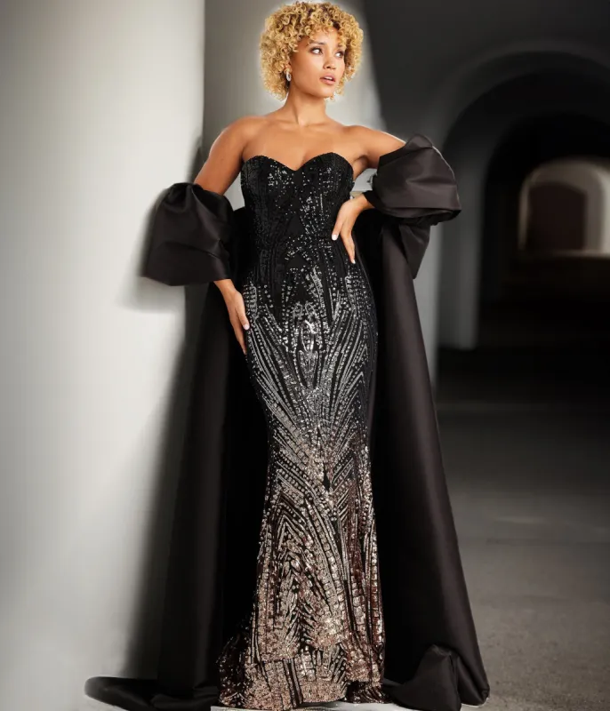 Jovani Black Bead Embellished Satin Strapless Gown sold by Unique Vintage