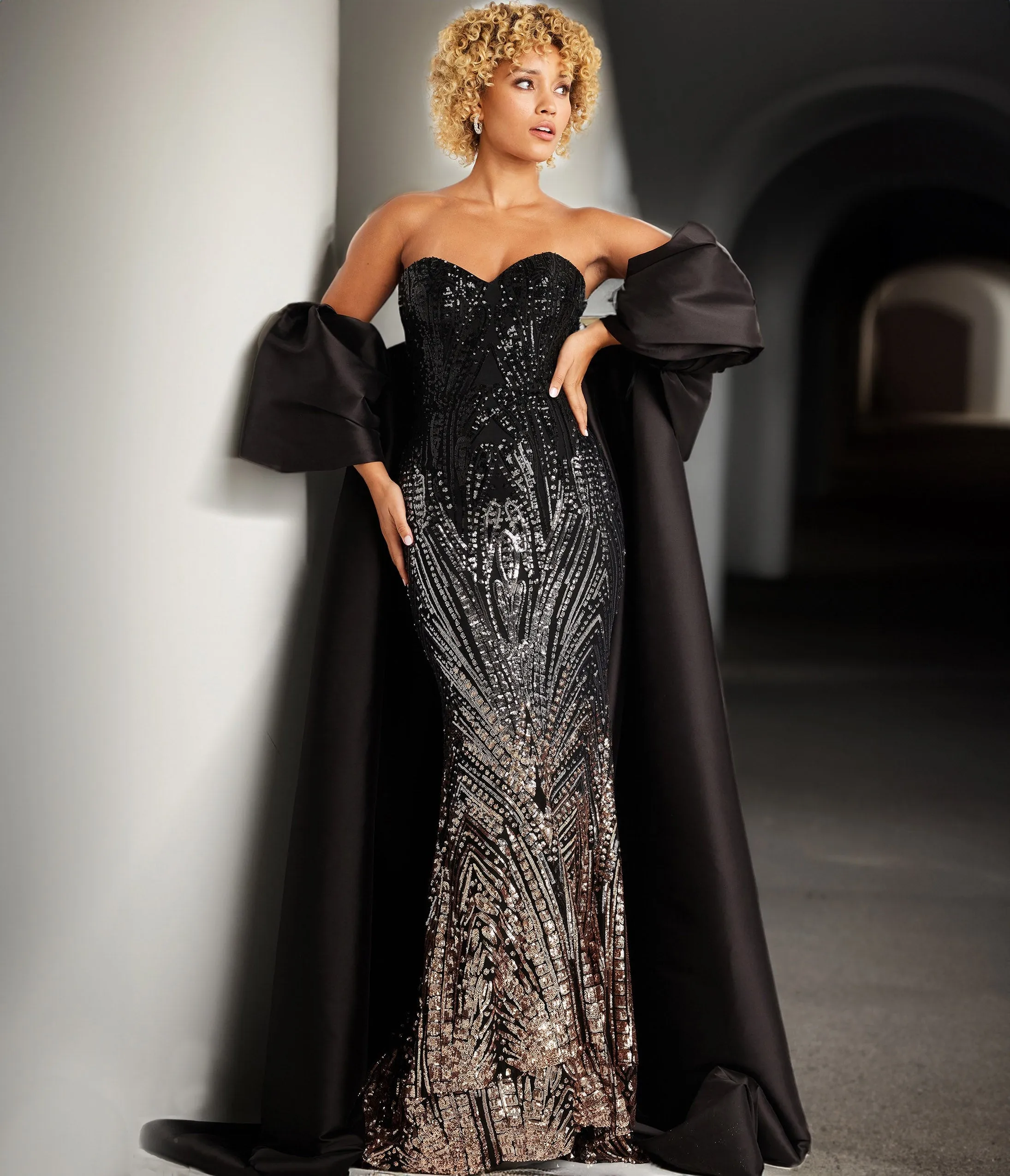 Jovani Black Bead Embellished Satin Strapless Gown sold by Unique Vintage