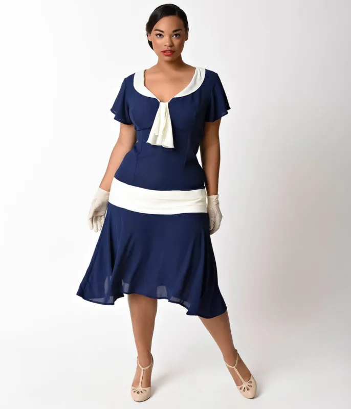 Unique Vintage Plus Size 1920s Navy Blue & Ivory Wilshire Flapper Day Dress made by Unique Vintage