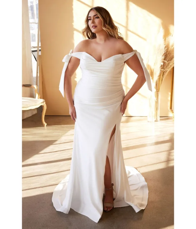 Ladivine by Cinderella Divine Plus Size White Off The Shoulder Trumpet Bridal Gown sold by Unique Vintage