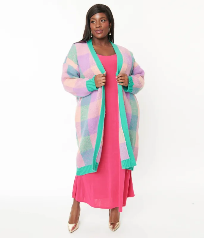 Pastel Plaid Long Knit Cardigan sold by Unique Vintage