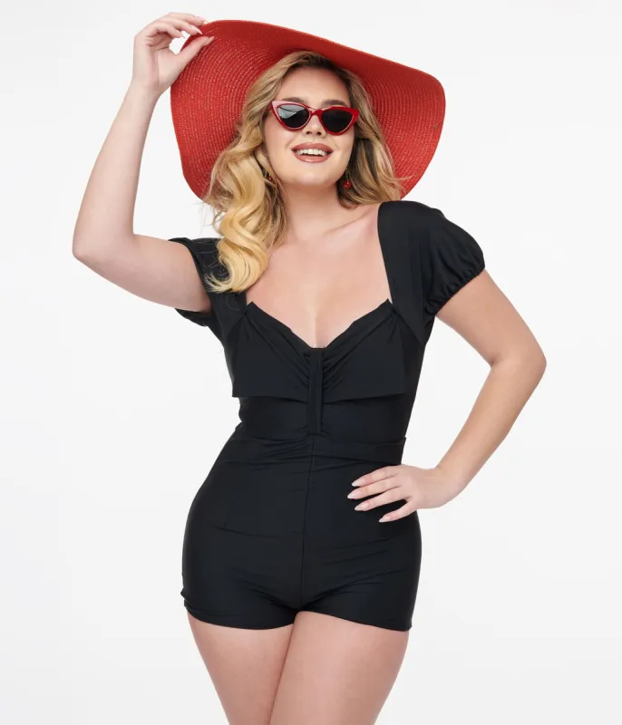1950s Black Bow Romper Swimsuit sold by Unique Vintage