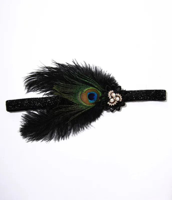 1920s Peacock Feather & Pearl Gem Flapper Headband sold by Unique Vintage