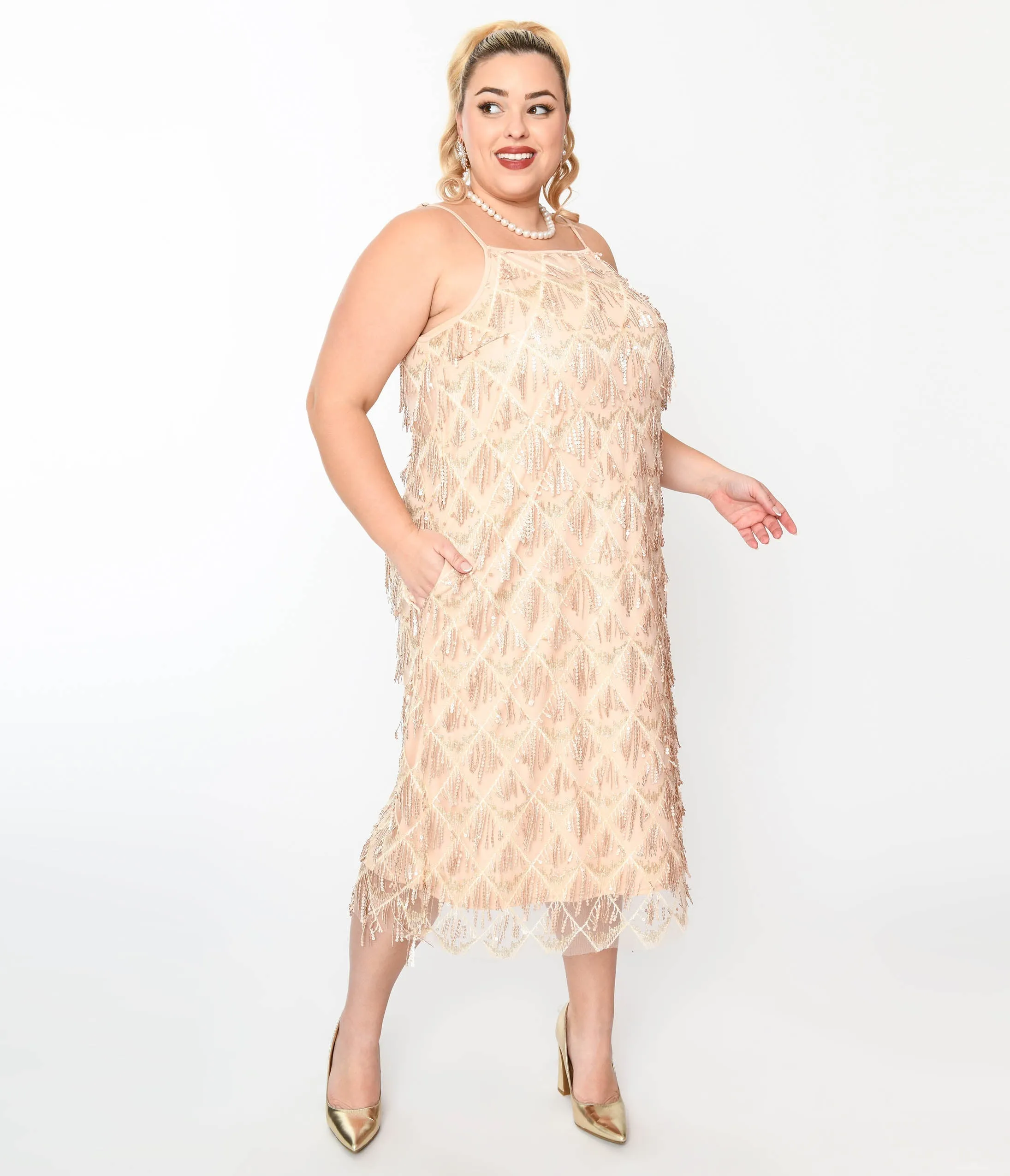 1920s Champagne Sequin Fringe Midi Dress sold by Unique Vintage