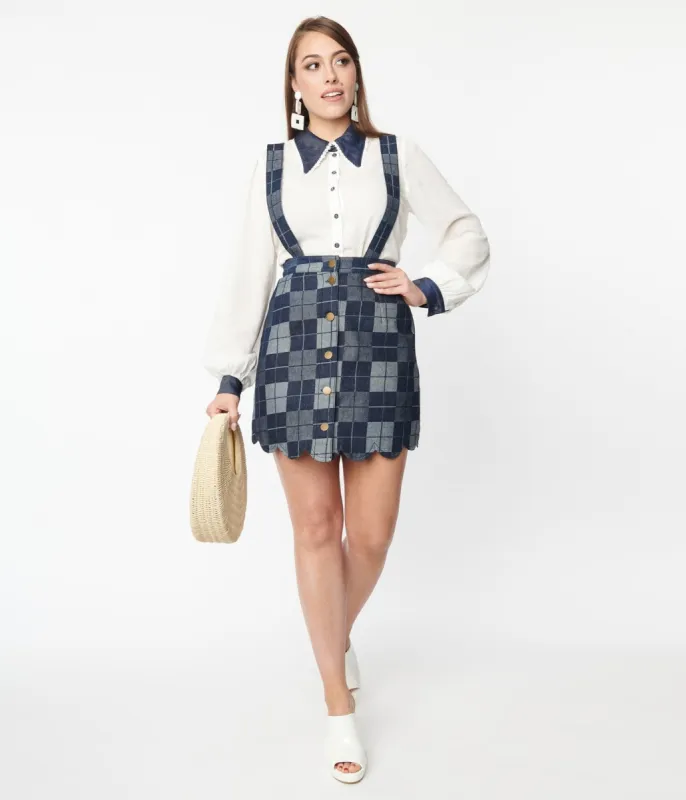 Smak Parlour Dark Denim Check Suspender Skirt sold by Unique Vintage