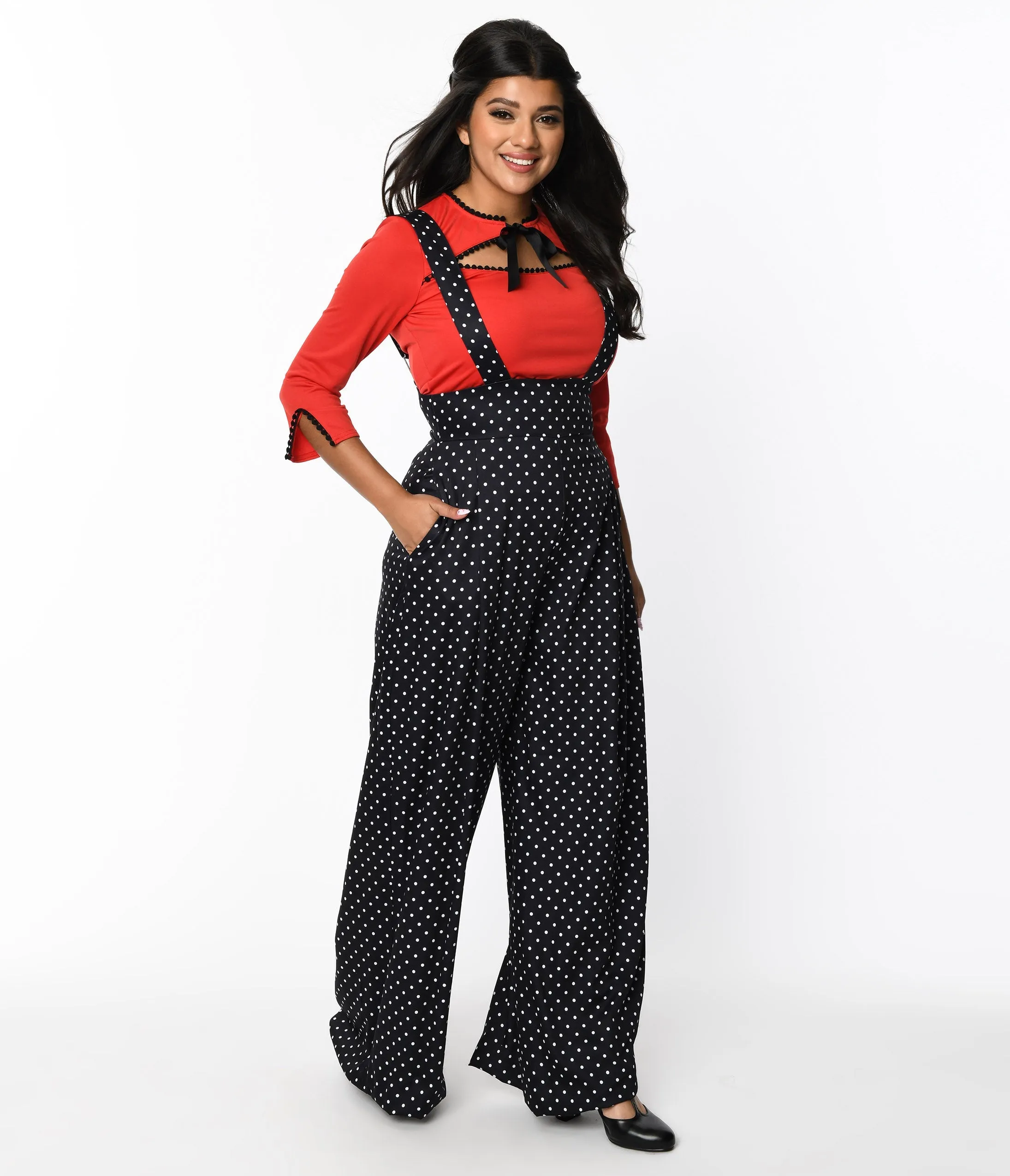 Unique Vintage Black & White Pin Dot Rochelle Suspender Pants sold by Unique Vintage product image thumbnail 3