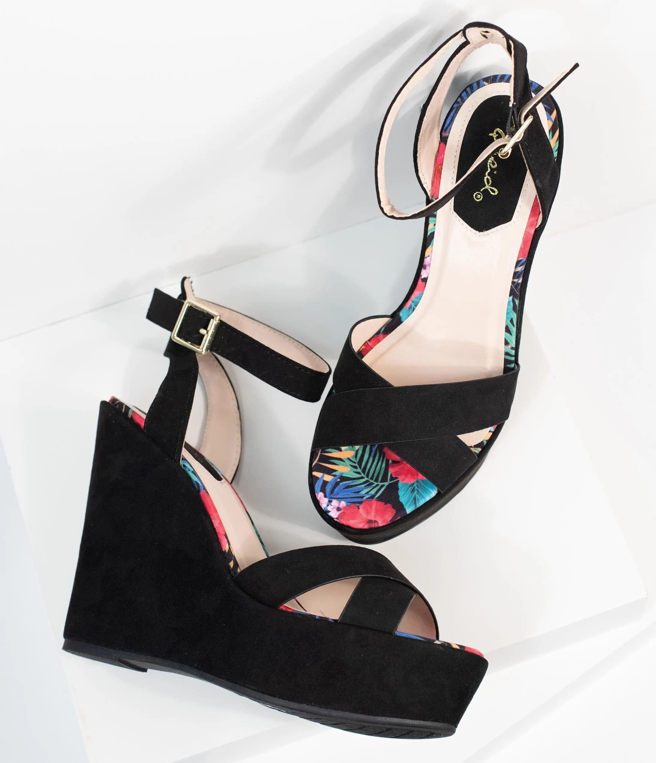 1970s Black Suede Platform Sandal Wedge sold by Unique Vintage