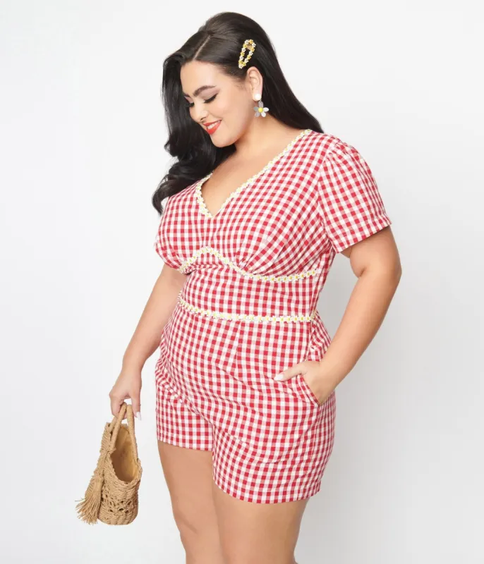 Unique Vintage Plus Size 1940s Red Gingham & Daisy Romper sold by Unique Vintage