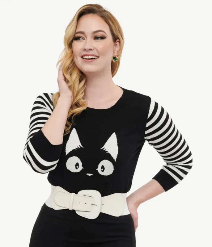 Black & White Stripe Knit Kitty Sweater sold by Unique Vintage