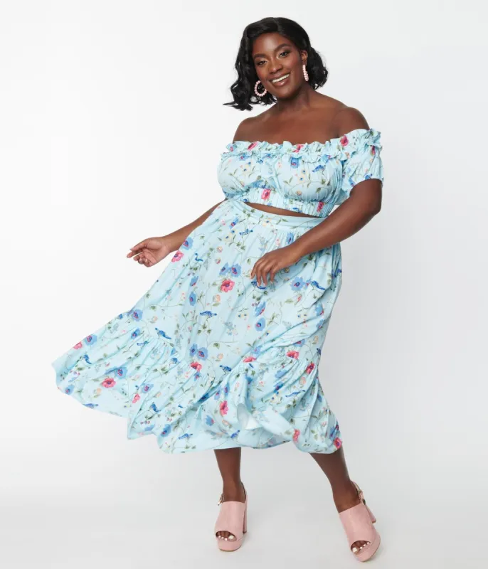 Unique Vintage Plus Size 1970s Blue Floral & Blue Bird Tiered Midi Skirt sold by Unique Vintage