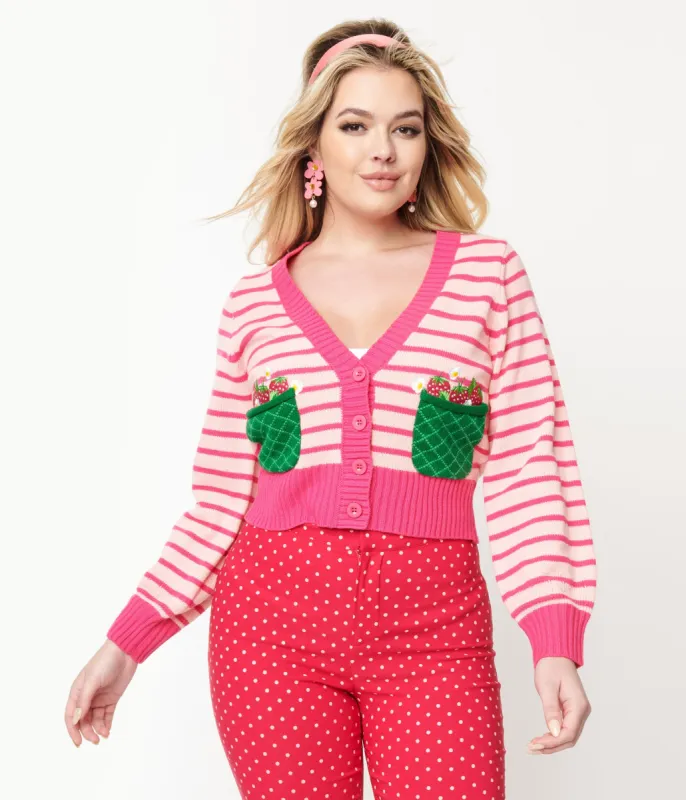 Smak Parlour 1960s Pink Stripes & Strawberry Pocket Cardigan sold by Unique Vintage