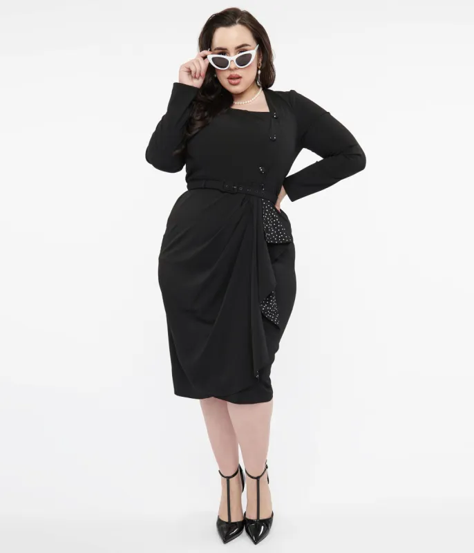 Collectif Plus Size Black & White Polka Dots Anika Pencil Dress sold by Unique Vintage