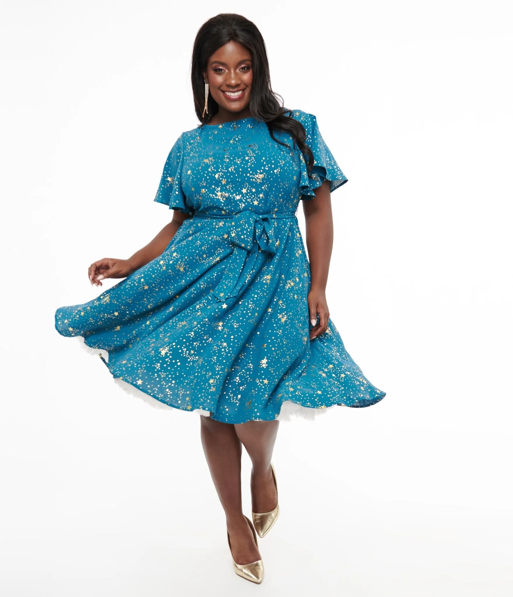 Unique Vintage Plus Size 1930s Teal & Gold Star Swing Dress sold by Unique Vintage