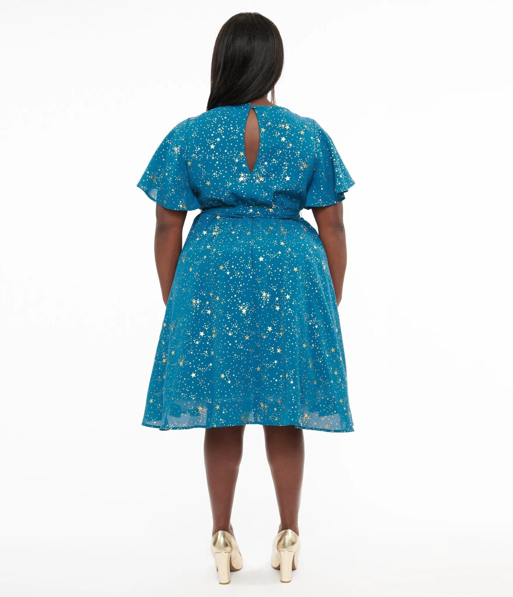 Unique Vintage Plus Size 1930s Teal & Gold Star Swing Dress sold by Unique Vintage product image thumbnail 2