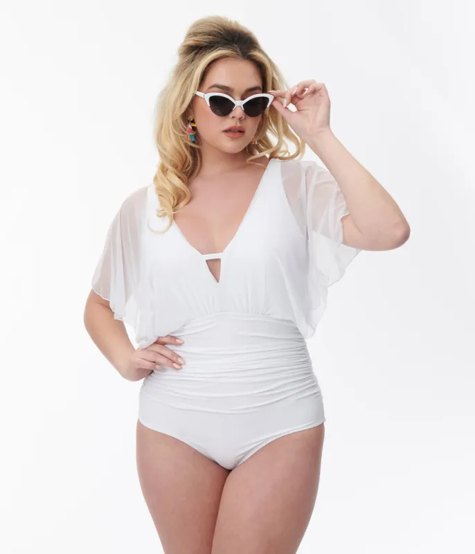 Unique Vintage White Mesh Sleeved Torrey Swimsuit sold by Unique Vintage