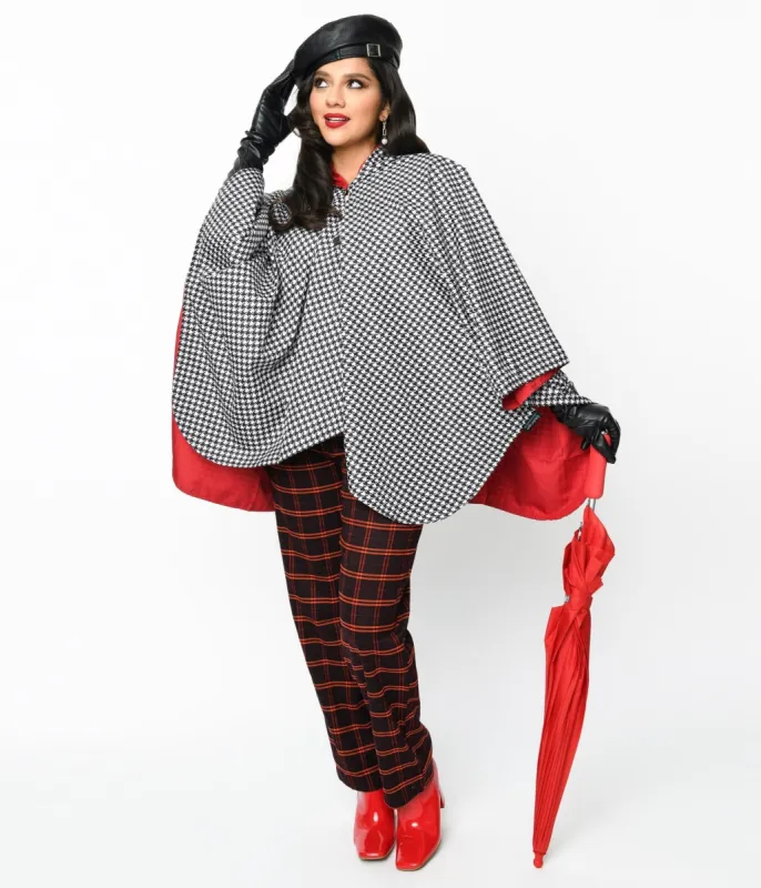 Black & White Houndstooth Hooded Cape Coat sold by Unique Vintage