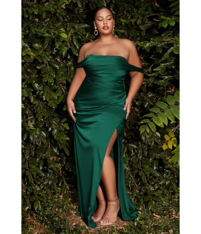 Cinderella Divine  Plus Size Emerald Satin Draped Off The Shoulder Bridesmaid Dress sold by Unique Vintage
