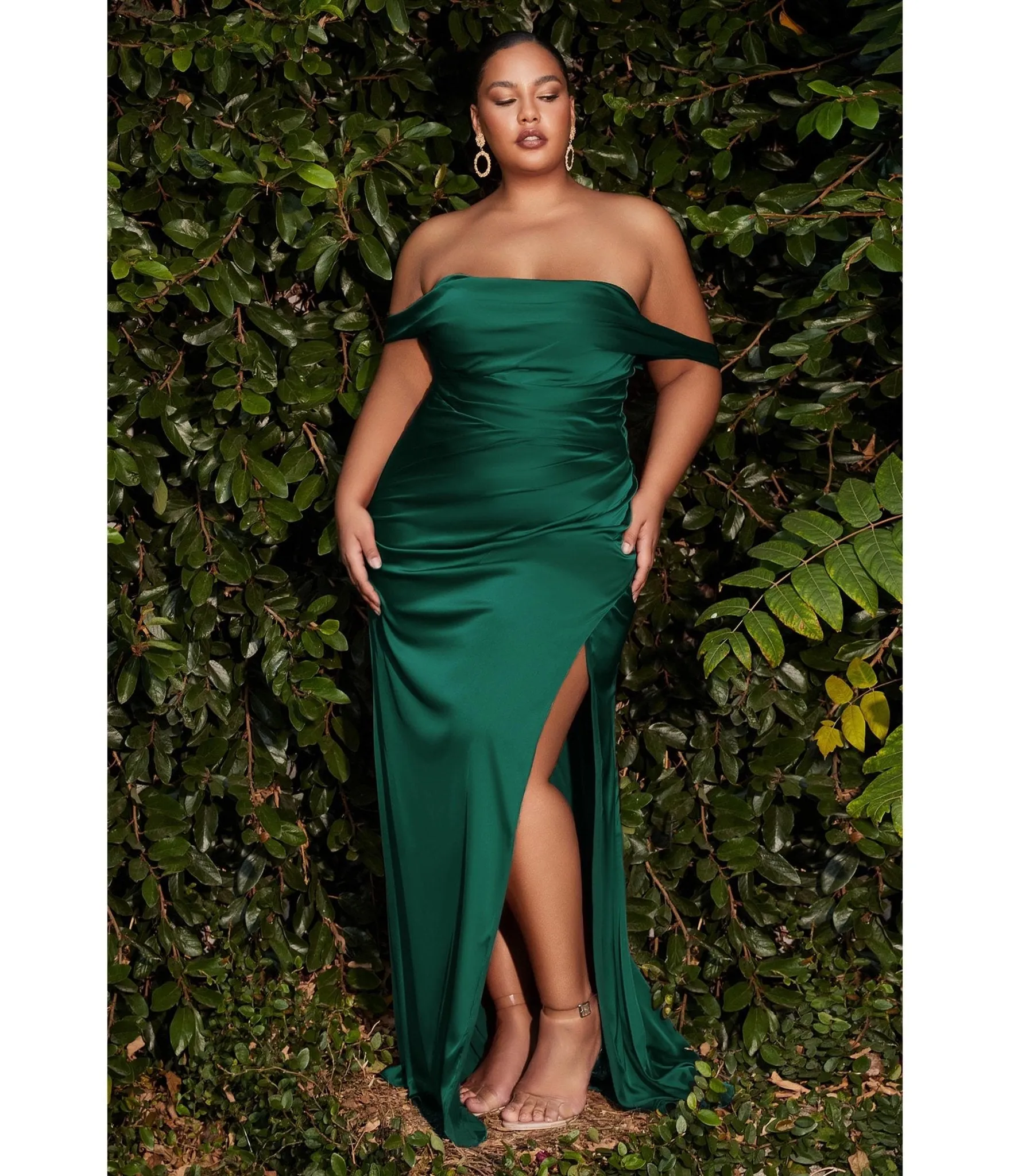 Cinderella Divine Plus Size Emerald Satin Draped Off The Shoulder Bridesmaid Dress sold by Unique Vintage