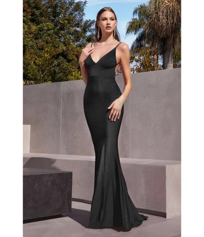 Cinderella Divine  Black Glitter Satin Sultry Fitted Evening Dress sold by Unique Vintage