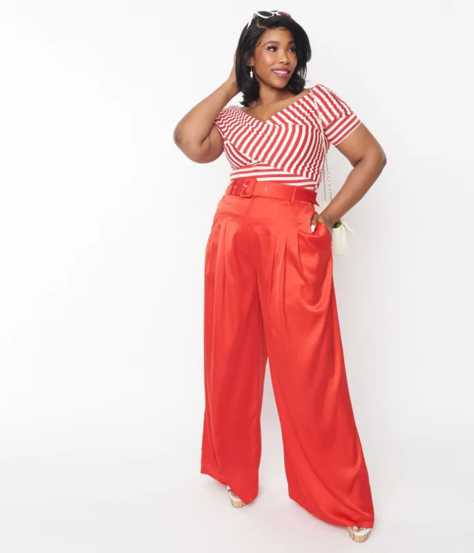 Plus Size 1970s Red Satin Belted Wide Leg Pants sold by Unique Vintage