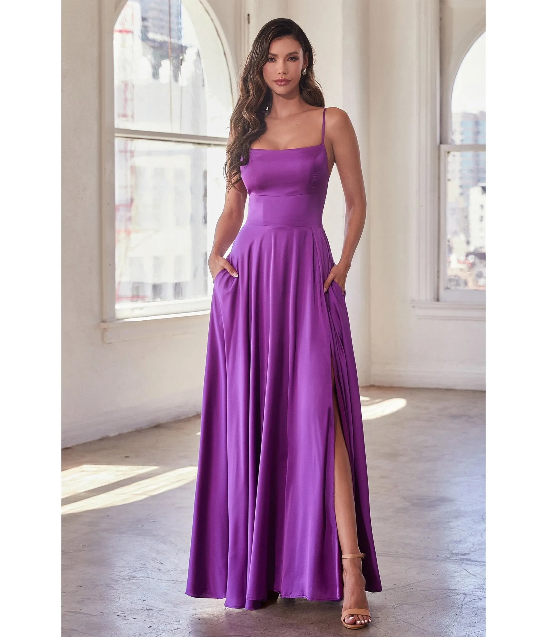 Ladivine by Cinderella Divine Purple Satin A Line Bridesmaid Dress sold by Unique Vintage