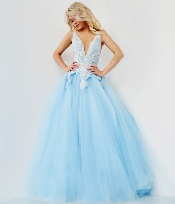 Jovani Light Blue Floral Applique Tulle Ballgown sold by Unique Vintage