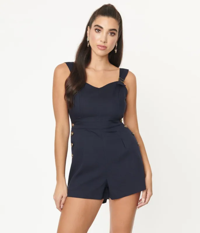 Unique Vintage 1970s Navy Blue Heat Wave Romper sold by Unique Vintage