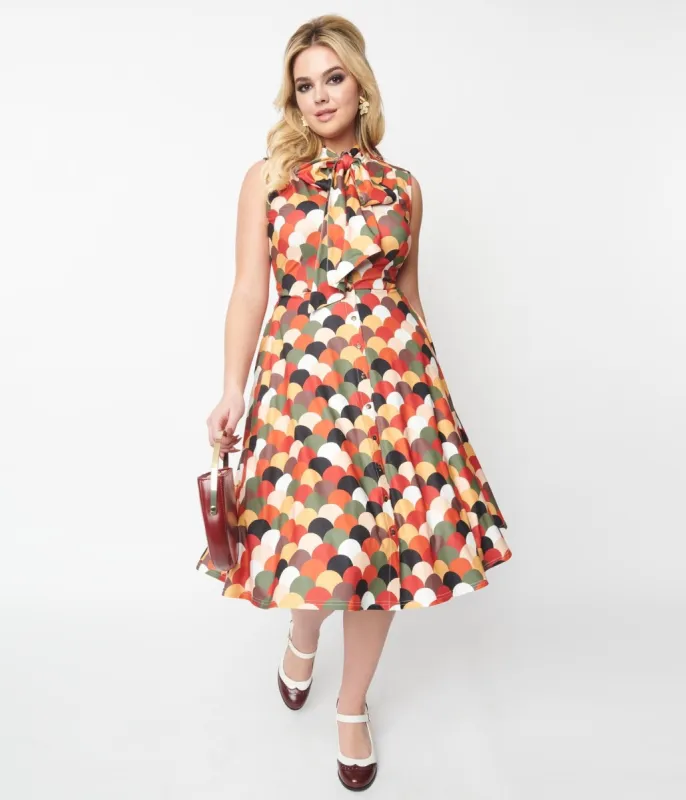 Unique Vintage 1940s Multicolor Scallop Print Ribboned Swing Dress sold by Unique Vintage