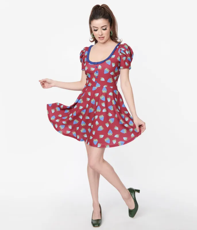 Smak Parlour Burgundy & Blue Strawberry Group Chat Flare Dress sold by Unique Vintage
