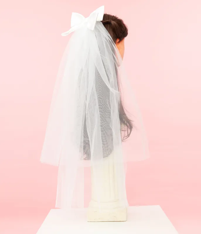White Satin Bow & Mesh Veil Hair Comb sold by Unique Vintage
