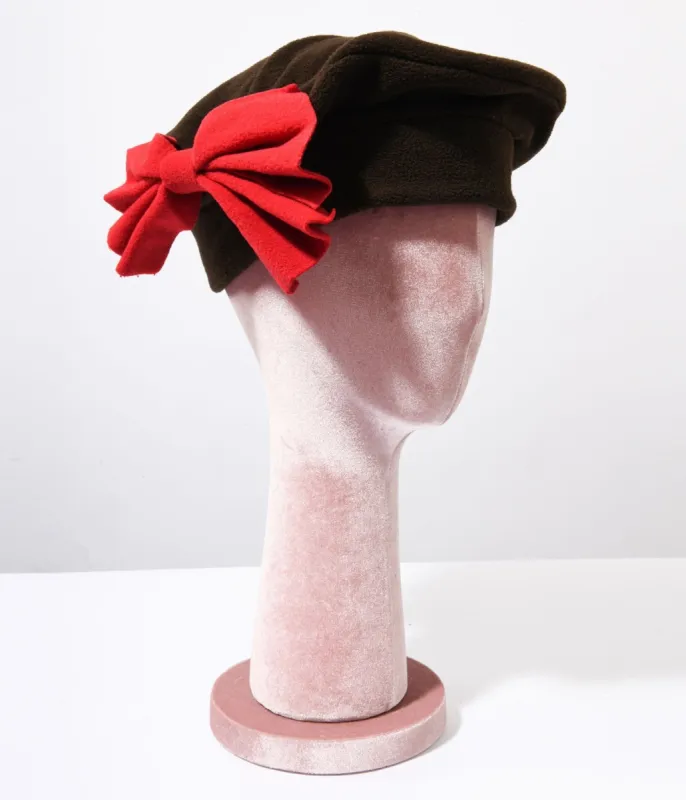 Brown & Red Bow Beret sold by Unique Vintage