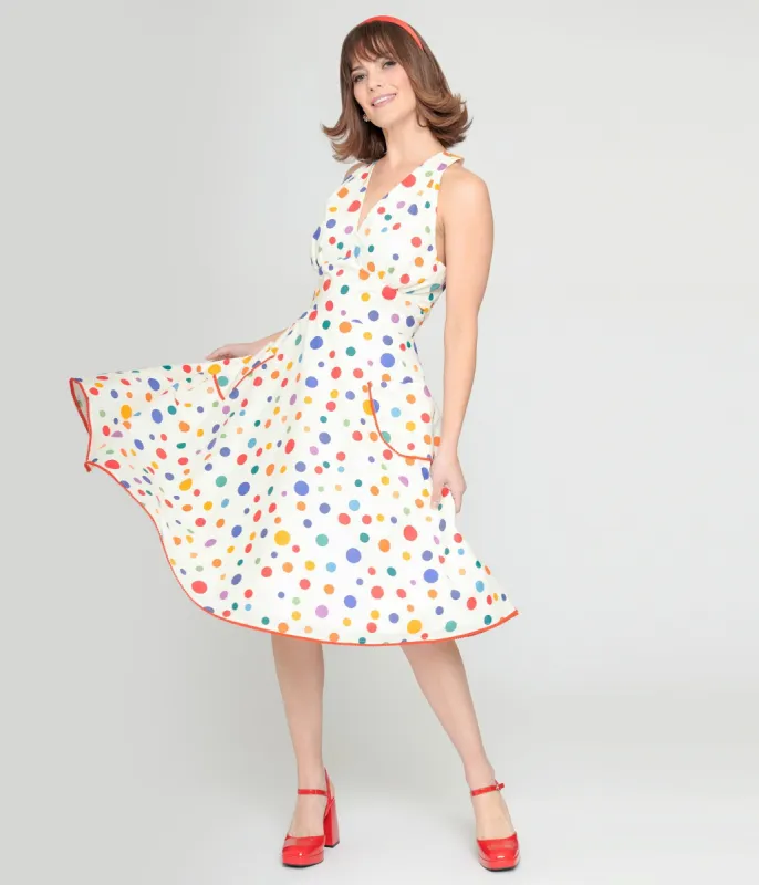 Unique Vintage 1950s Rainbow Polka Dot Cotton Halter Swing Dress sold by Unique Vintage