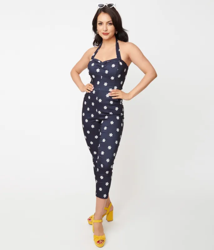 Unique Vintage 1970s Denim & Daisy Print Halter Marcel Jumpsuit sold by Unique Vintage