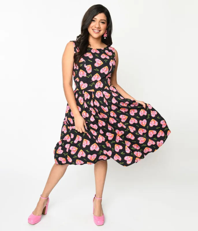 Black & Multicolor Floral Hearts Swing Dress sold by Unique Vintage
