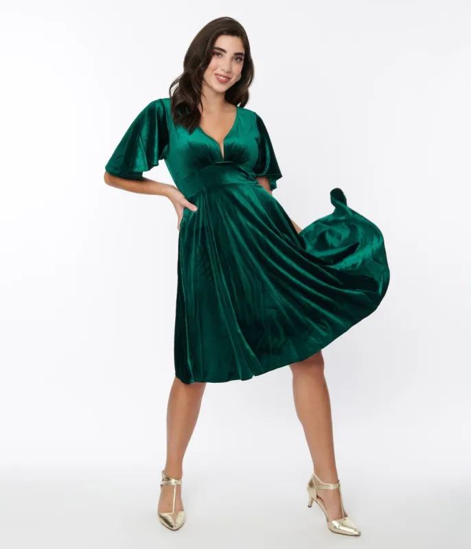 Emerald Green Velvet Flutter Sleeve Swing Dress sold by Unique Vintage