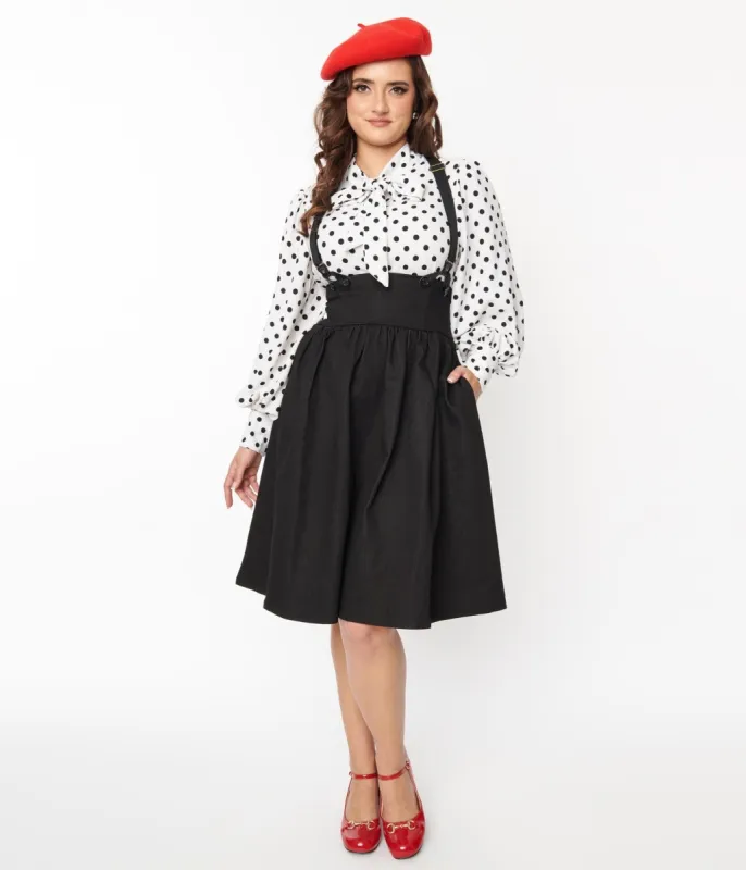 Unique Vintage 1940s Dark Denim Black High Waist Suspender Swing Skirt sold by Unique Vintage