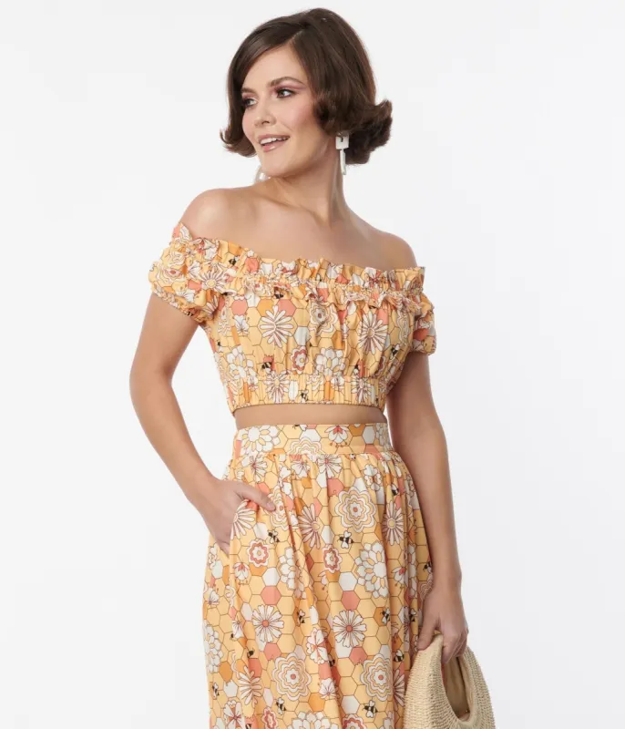 Unique Vintage 1970s Yellow Bee Print Ruffle Up Crop Top sold by Unique Vintage