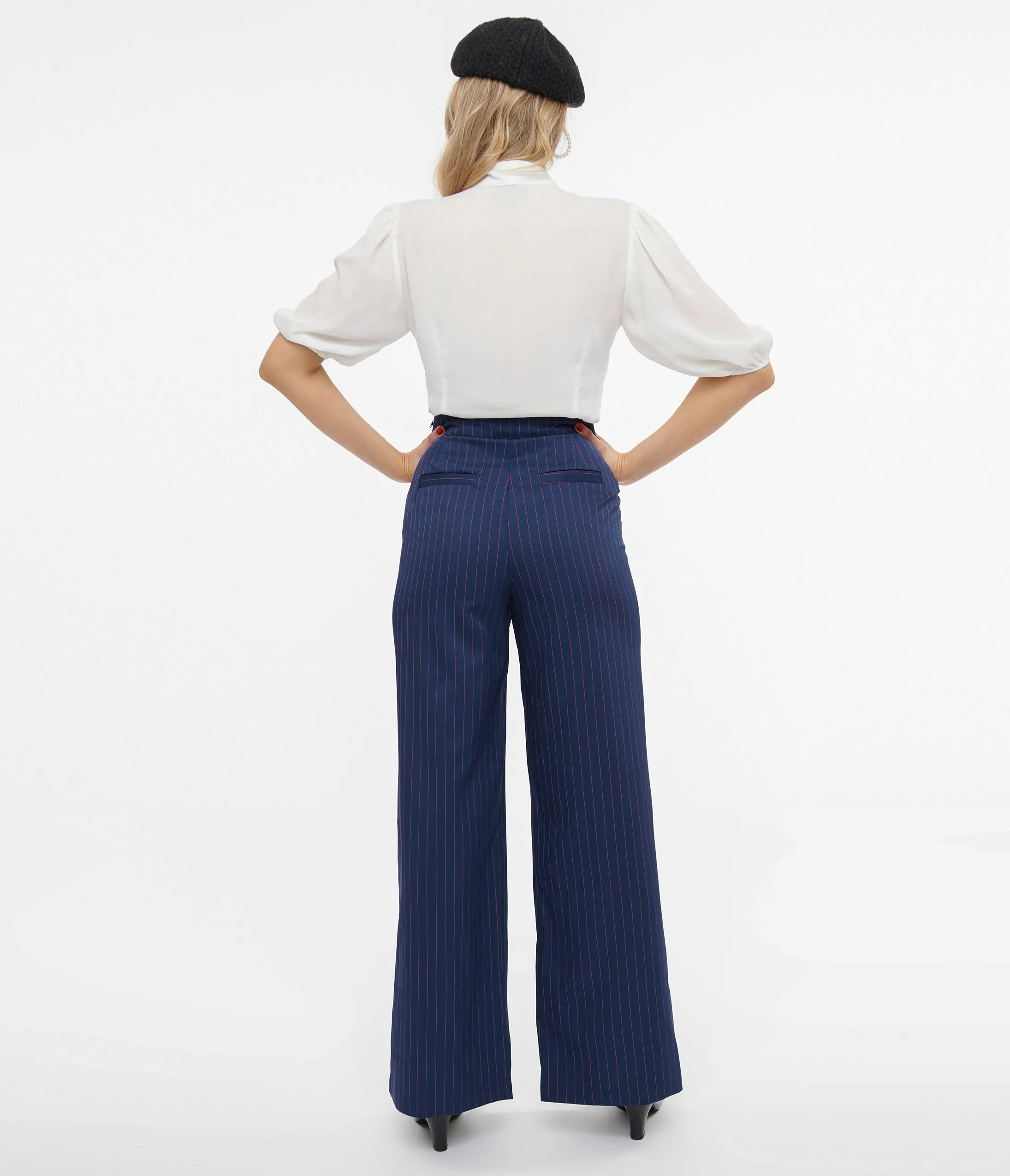 Unique Vintage 1940s Navy & Pink Pinstripe Ginger Pants sold by Unique Vintage product image thumbnail 3