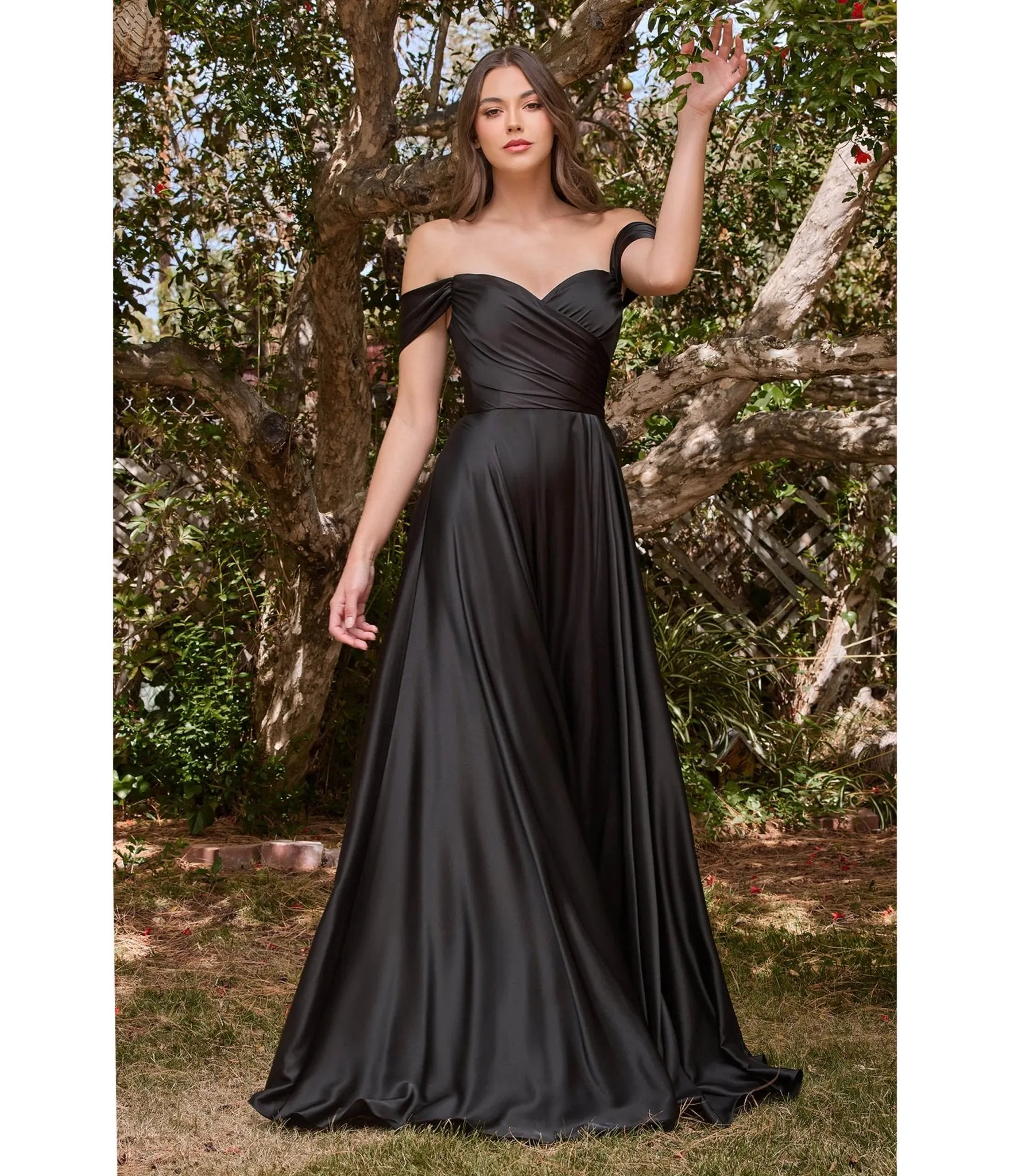 Ladivine by Cinderella Divine Black Satin Off The Shoulder Bridesmaid Gown sold by Unique Vintage
