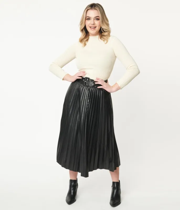 Black Vegan Leather Belted Pleated Midi Skirt sold by Unique Vintage