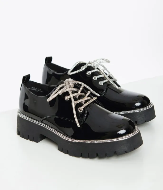 Black Patent Leatherette Platform Oxford Shoes sold by Unique Vintage