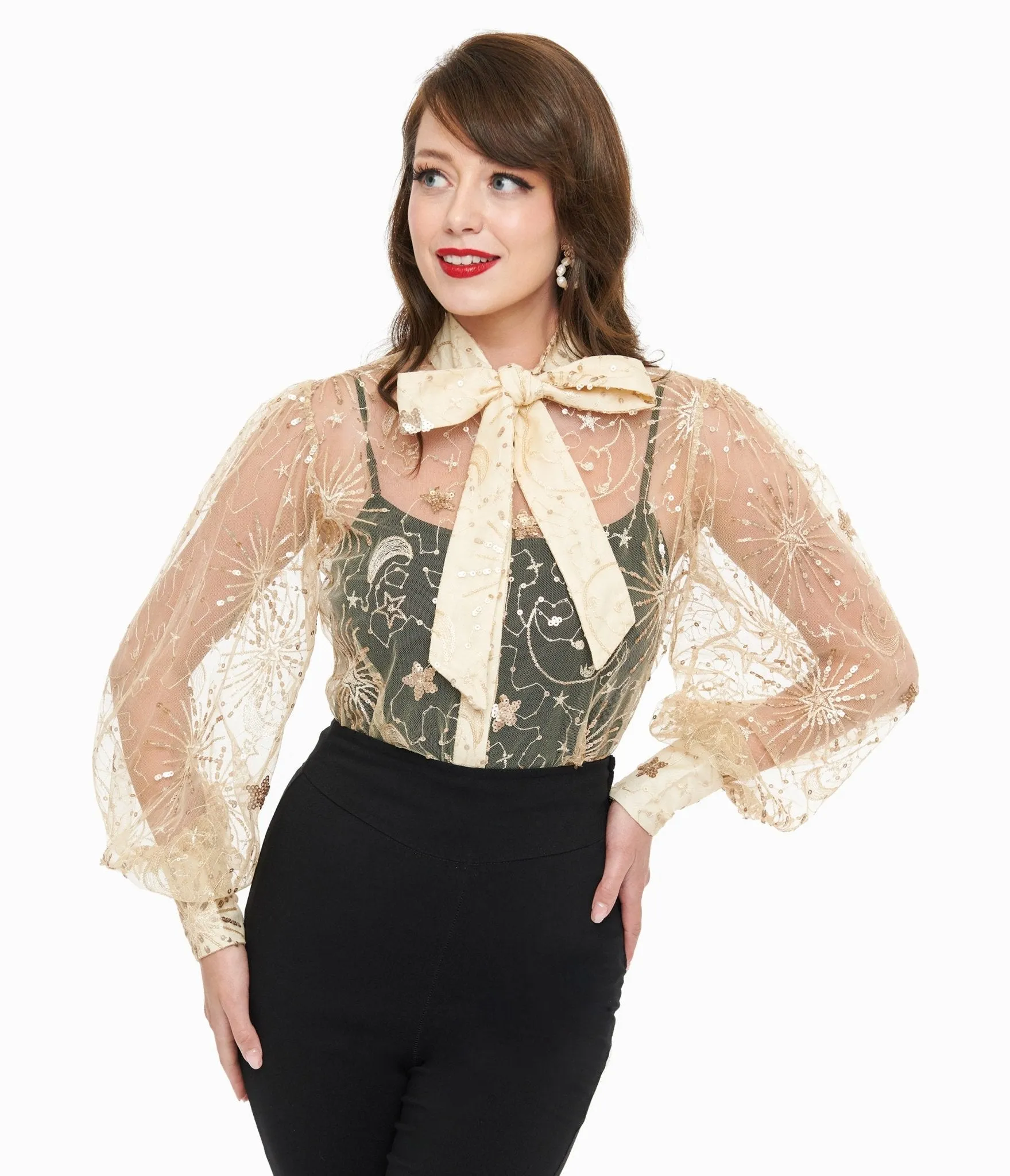 Unique Vintage Champagne Celestial Sequin Sheer Gwen Blouse sold by Unique Vintage