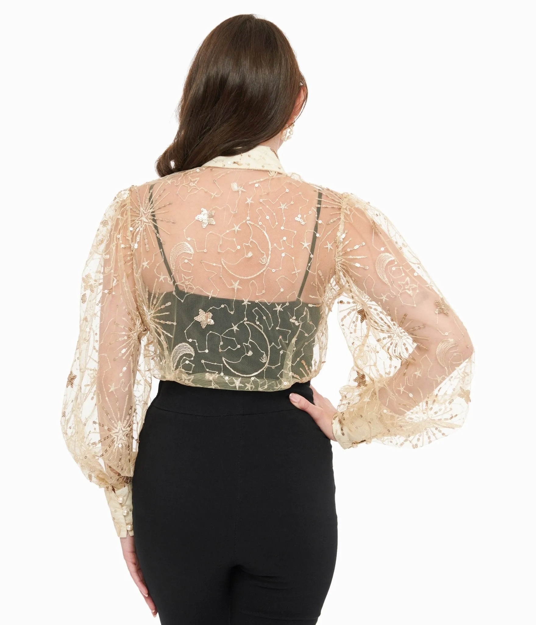 Unique Vintage Champagne Celestial Sequin Sheer Gwen Blouse sold by Unique Vintage product image thumbnail 2