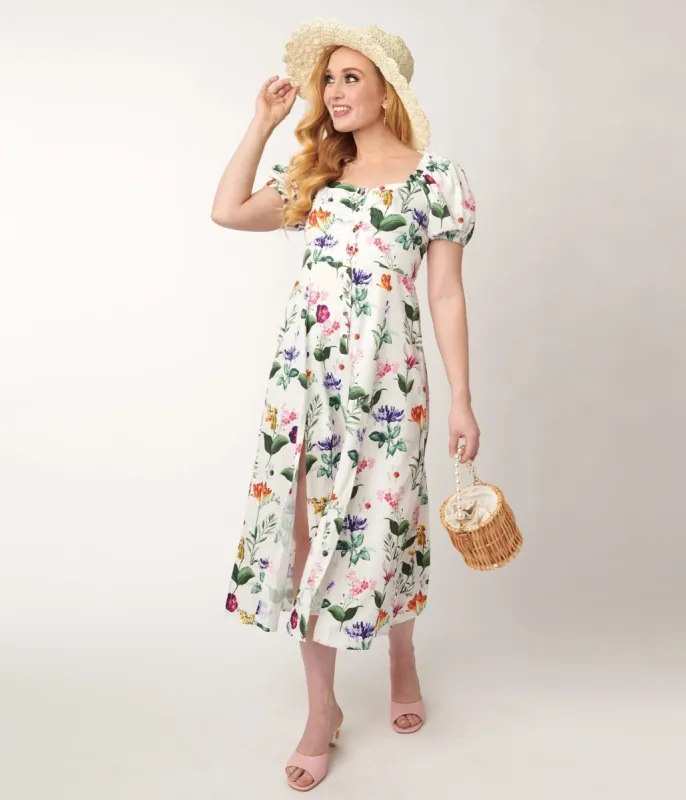 Unique Vintage 1940s White & Multicolor Floral Midi Dress sold by Unique Vintage