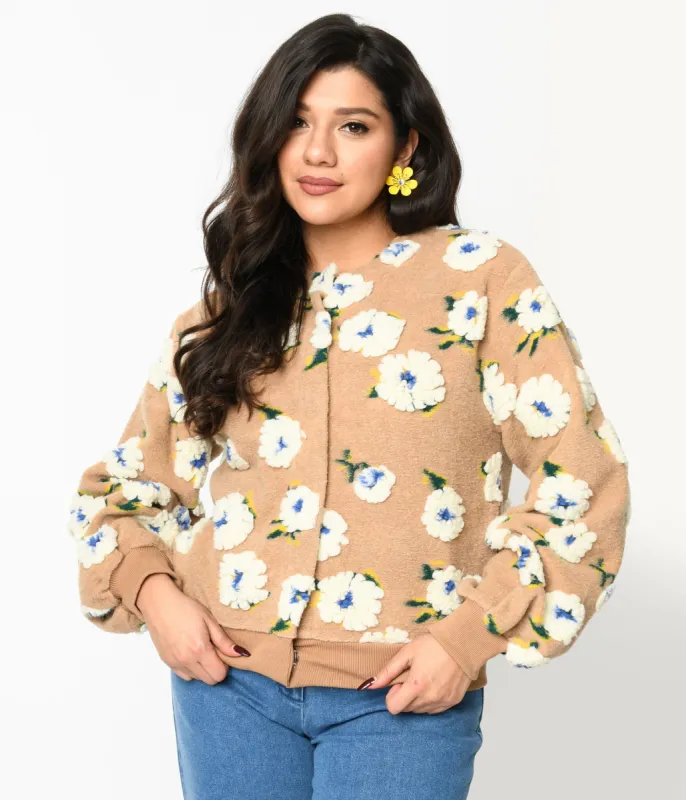 Tan & 3D White Floral Cardigan sold by Unique Vintage