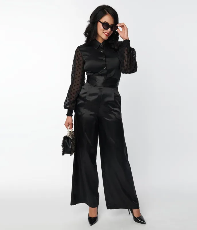Unique Vintage 1940s Black Satin High Waist Pants sold by Unique Vintage