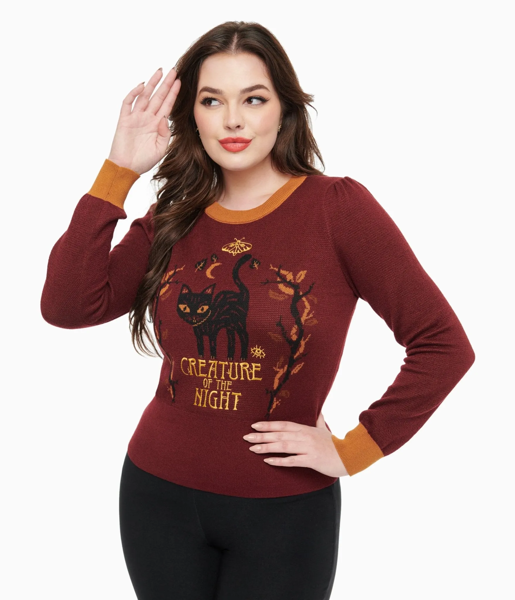 Disney Hocus Pocus Collection by Unique Vintage Burgundy Binx Hocus Pocus Embroidered Sweater sold by Unique Vintage