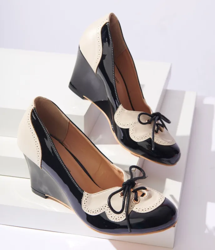Unique Vintage 1940s Black & Cream Oxford Wedges sold by Unique Vintage