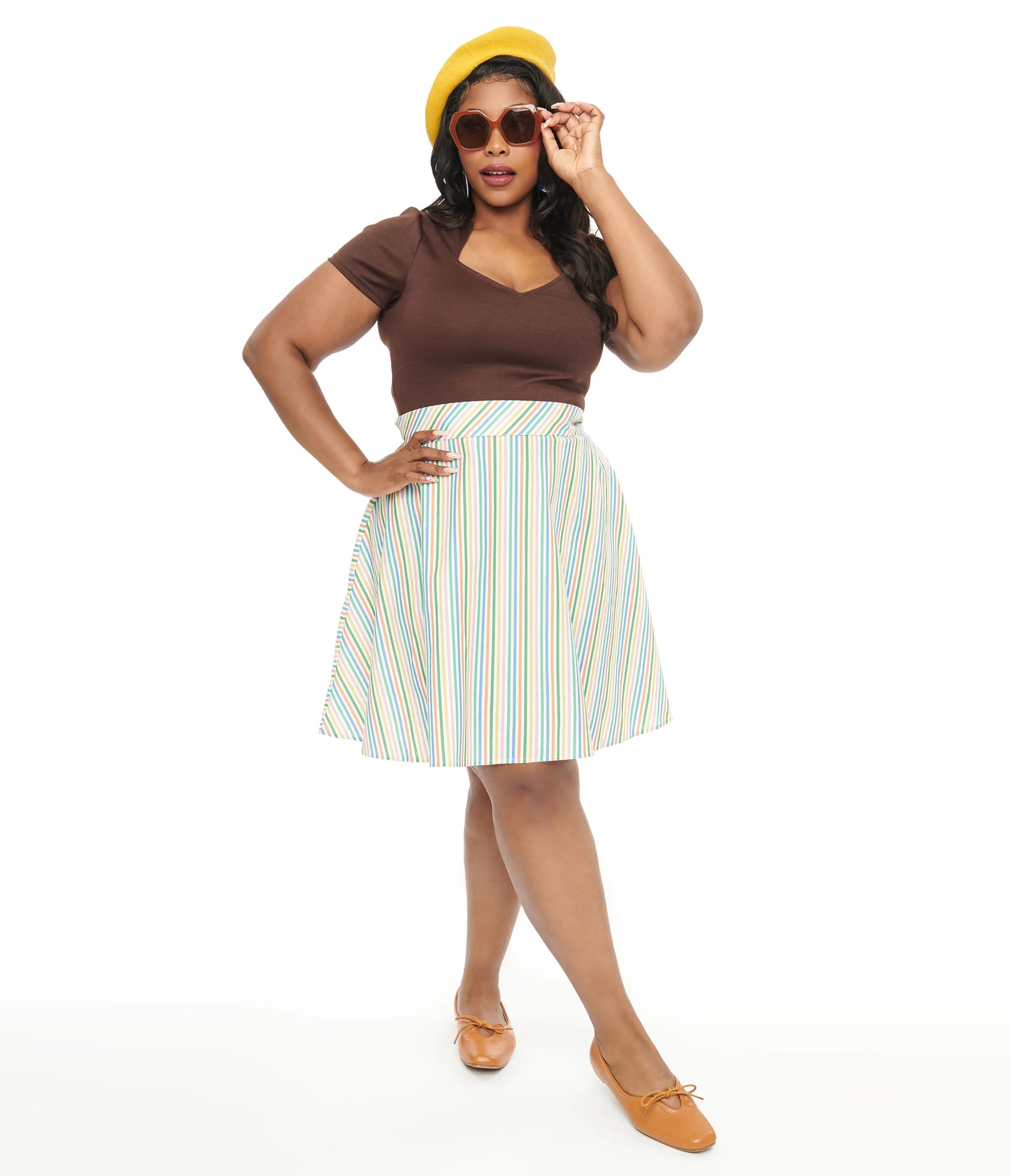 Retrolicious Plus Size 1950s Rainbow Diagonal Stripe Skater Skirt sold by Unique Vintage